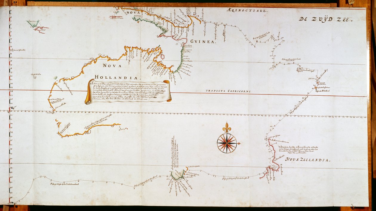 Mapa de Nueva Holanda, actual Australia, y de Nueva Zelanda, elaborado a partir de la información recogida durante los viajes realizados por Abel Janszoon Tasman (1603-1659) y Willem Janszoon (1570-1630). de Dutch School
