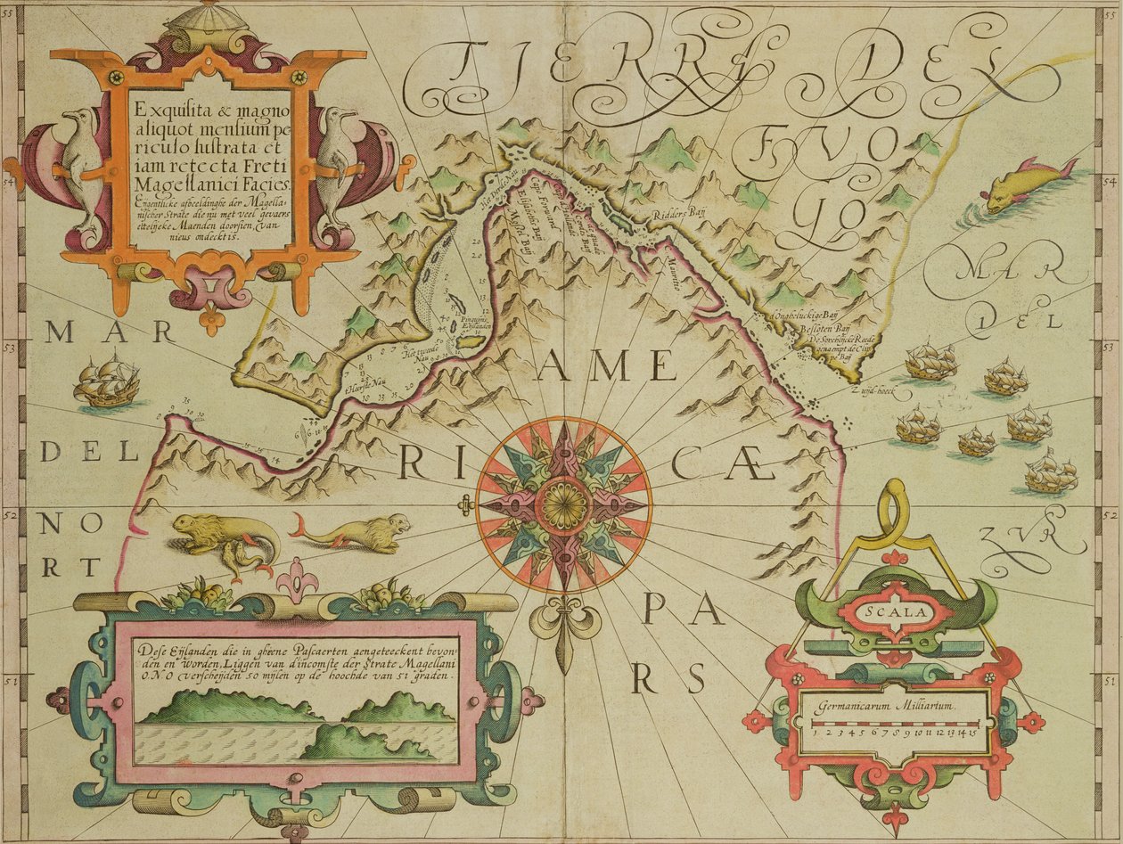 Mapa del Estrecho de Magallanes, Patagonia, del Atlas Mercator pub. por Jodocus Hondius, Ámsterdam, 1606 de Dutch School