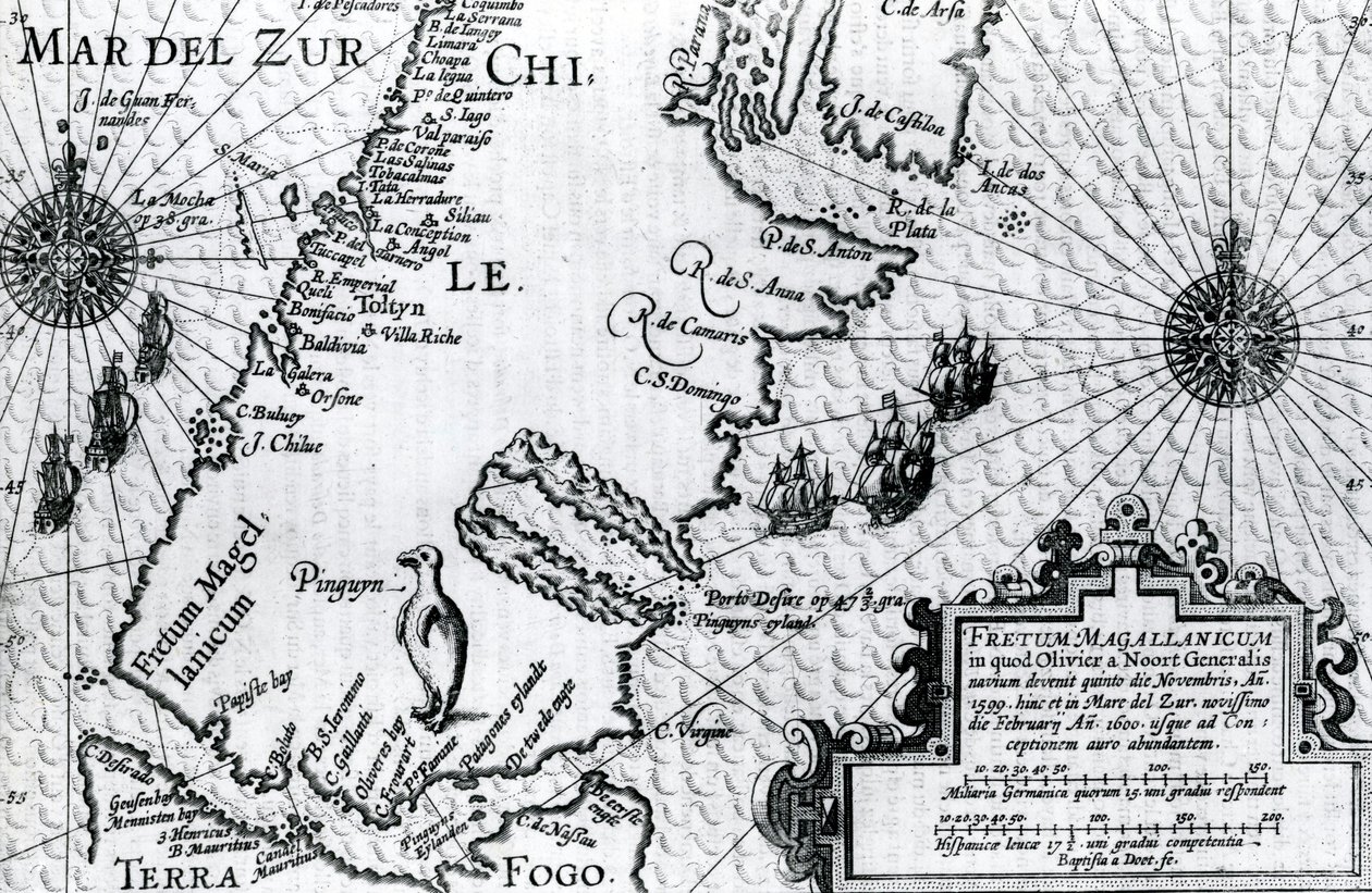 Mapa del Estrecho de Magallanes, placa de la descripción del viaje de Oliver van Noort, 1602 de Dutch School