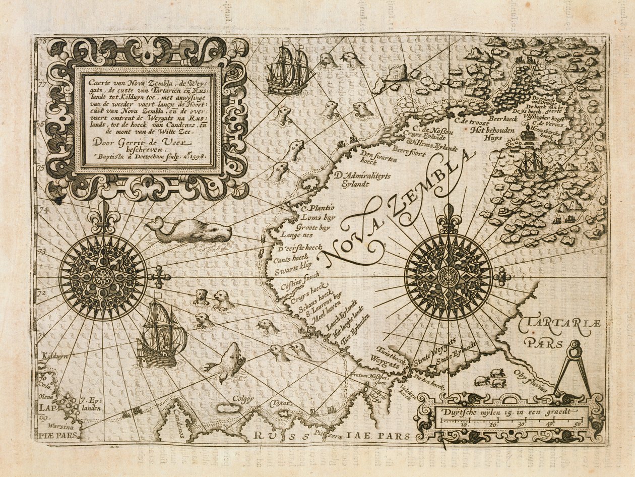 Mapa de la recién descubierta Nova Zembla, ilustración de Diarium Nauticum, seu vera descriptio trium navigationum admirandarum... por Gerrit de Veer, 1598 de Dutch School