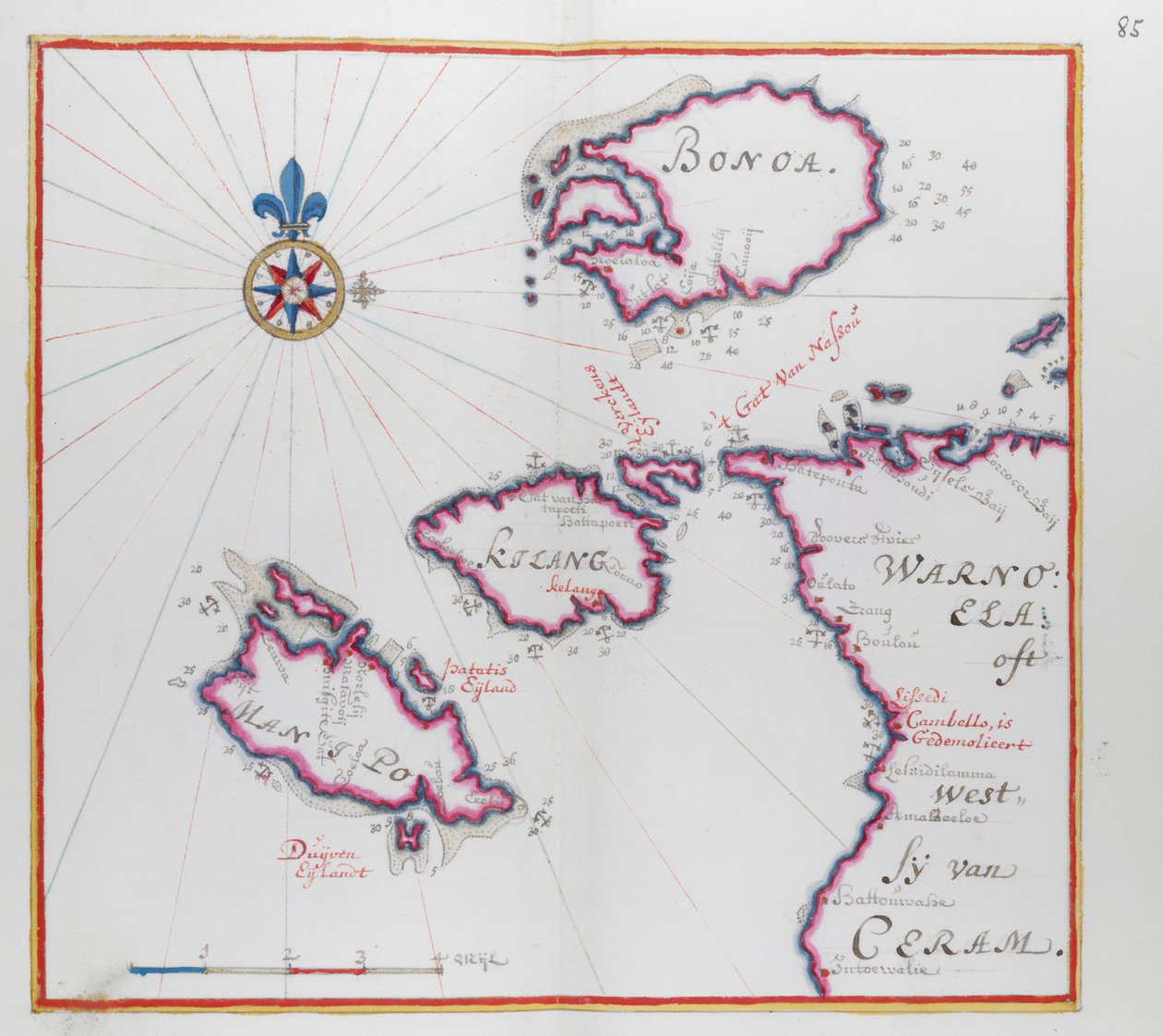 Mapa que muestra parte de la Isla de Ceram (Seram) y Bonoa (Isla Boano) y la Isla Kelang y la Isla Manipa. de Dutch School