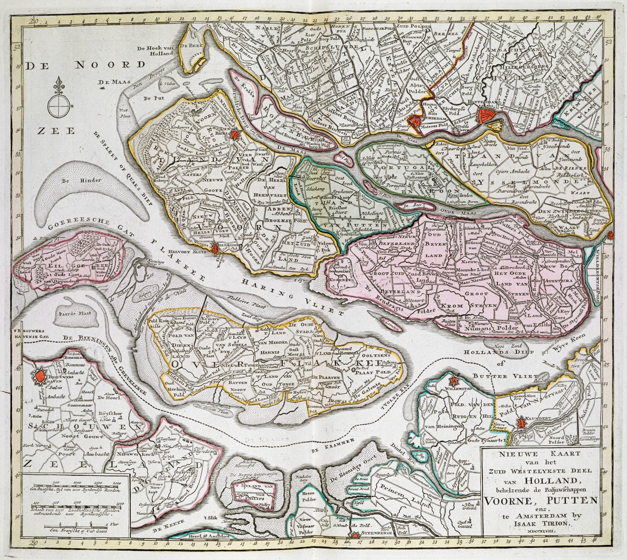 Nieuwe Kaart der van het Zuid Westelykste deel van Holland, behelzende de Baljuwschappen Voorne, Putten, enz. [Treinta y seis mapas de los Países Bajos]Isaak TirionEntre 1739 y 1757. de Dutch School