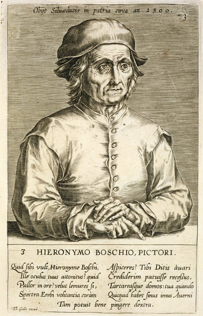 Retrato de Hieronymus Bosch, placa 3 de una serie de retratos de artistas, grabado por Theodor Galle de Dutch School
