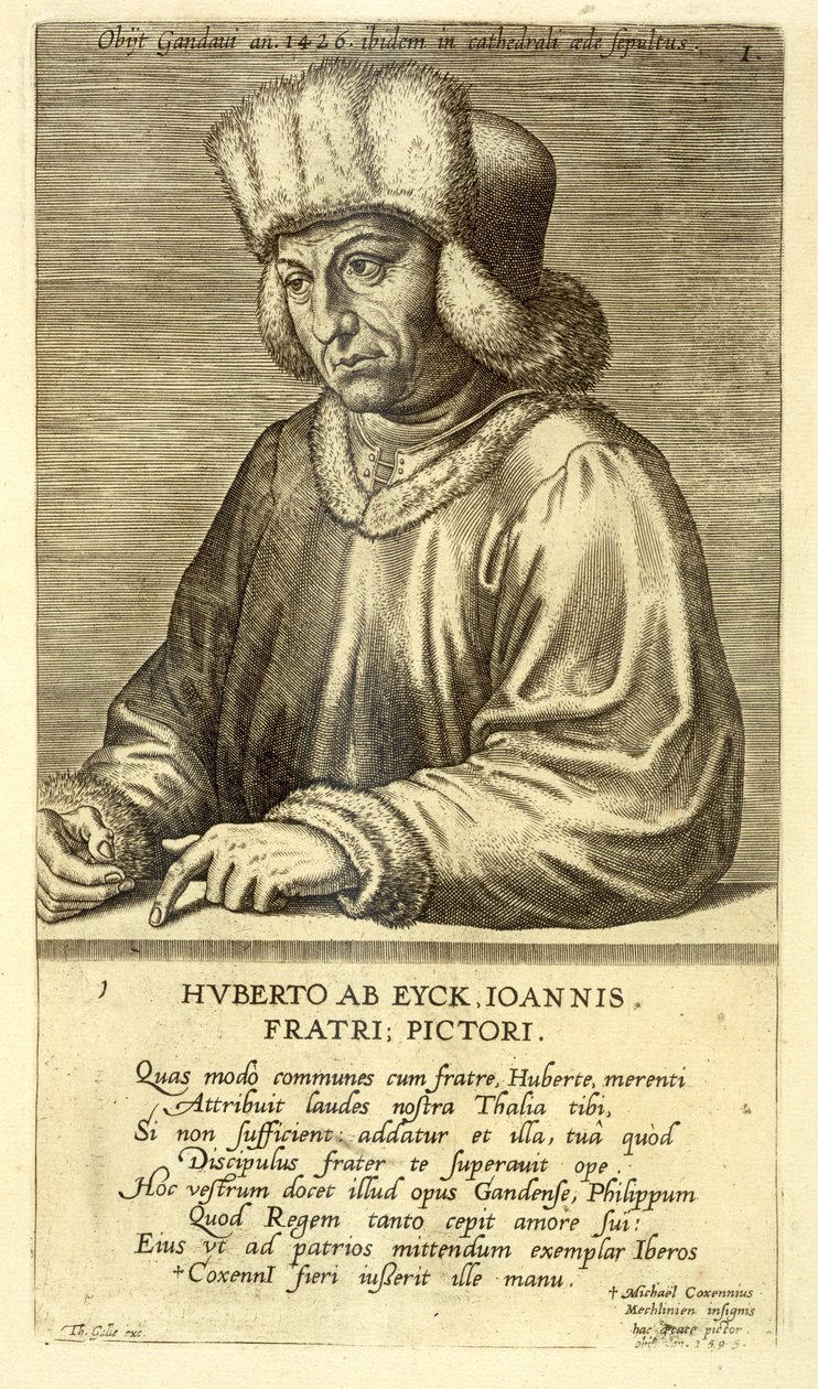 Retrato de Hubert van Eyck, placa 1 de una serie de retratos de artistas, grabado por Theodor Galle de Dutch School