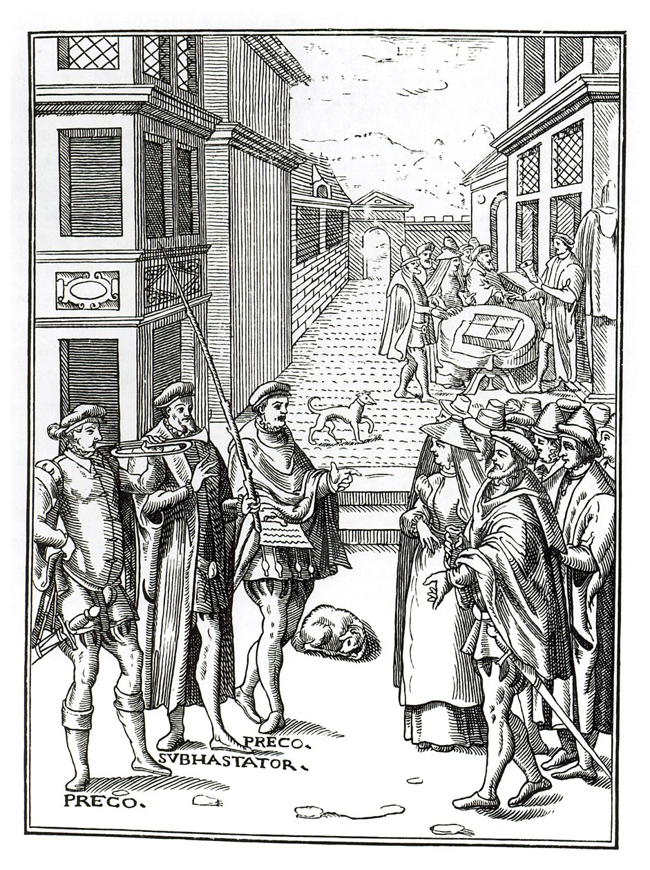 Venta por pregonero, después de un grabado en Praxis Rerum Civilium de Joos de Damhouder (1507-81) publicado en Amberes, 1557 de Dutch School