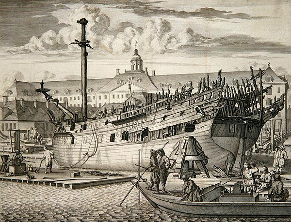 Barco que se incendió frente al Arsenal Marino de la Compañía Holandesa de las Indias Orientales de Dutch School