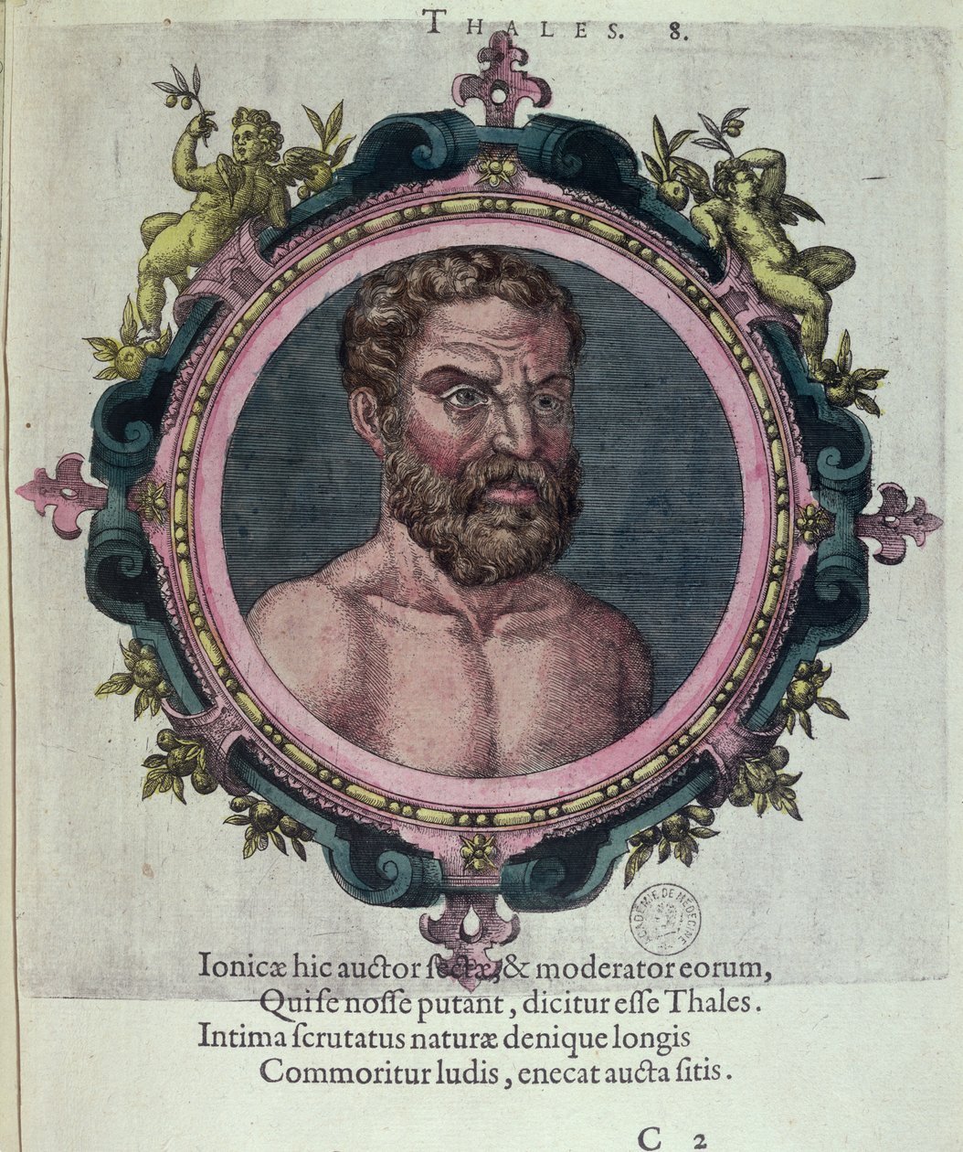 Tales de Mileto (c.625-547 a.C.), ilustración de Veterum et Recentium Medicorum Philosophorumque Icones de Johannes Sambucus (1531-1584), publicado por Plantin en Amberes 1574 (grabado en color) de Dutch School