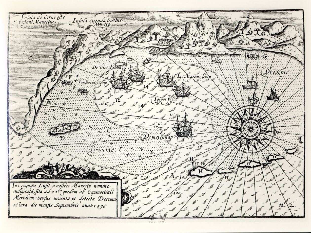 La llegada de la flotilla del vicealmirante Wybrandt Van Warwijck al puerto sureste de Mauricio en septiembre de 1598 de Dutch School