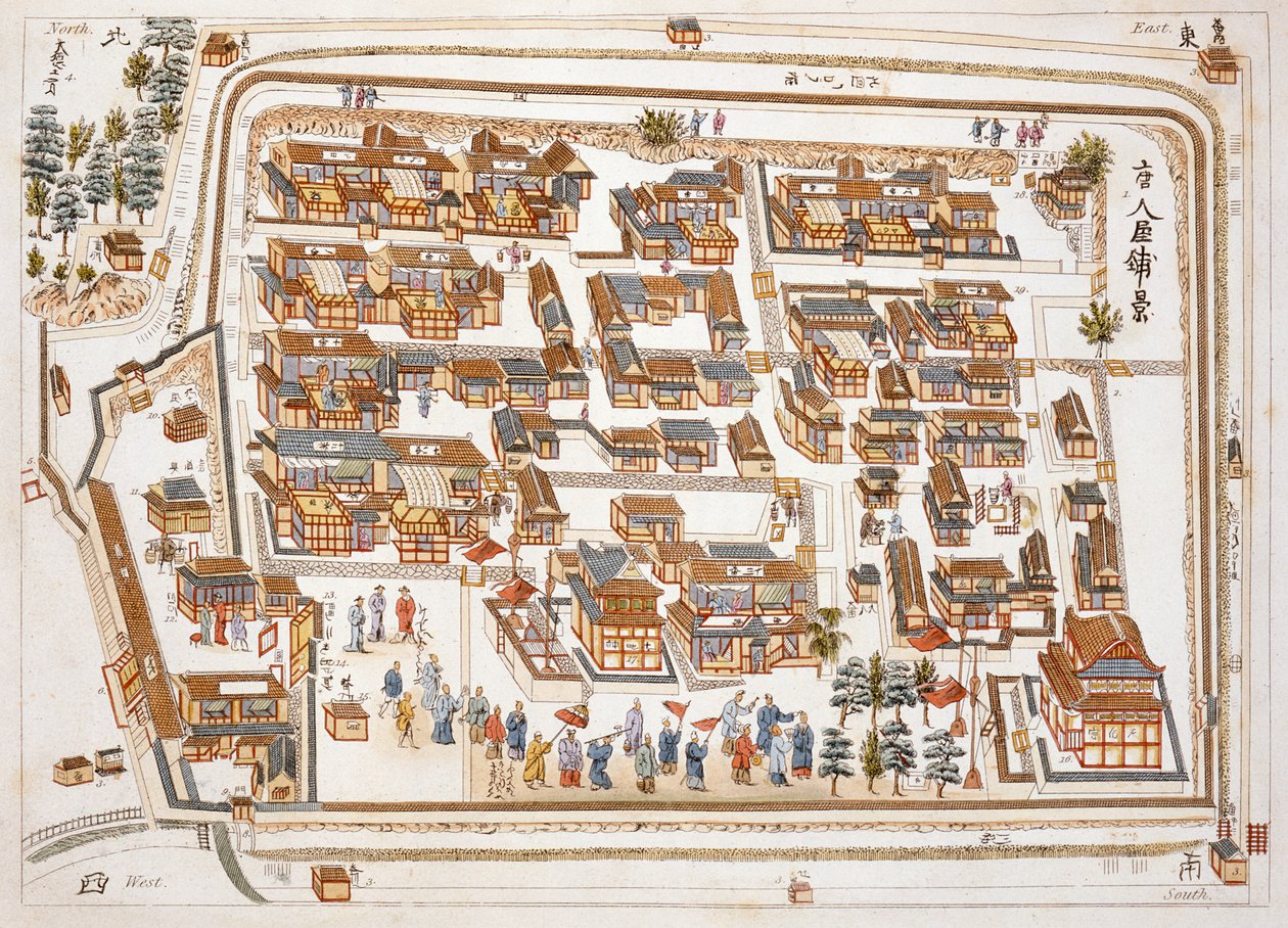 La fábrica china en la calle de Teng-chan en Nagasaki, fundada en 1688, de Illustrations of Japan por Isaac Titsingh, publicada en Londres, 1822 de Dutch School