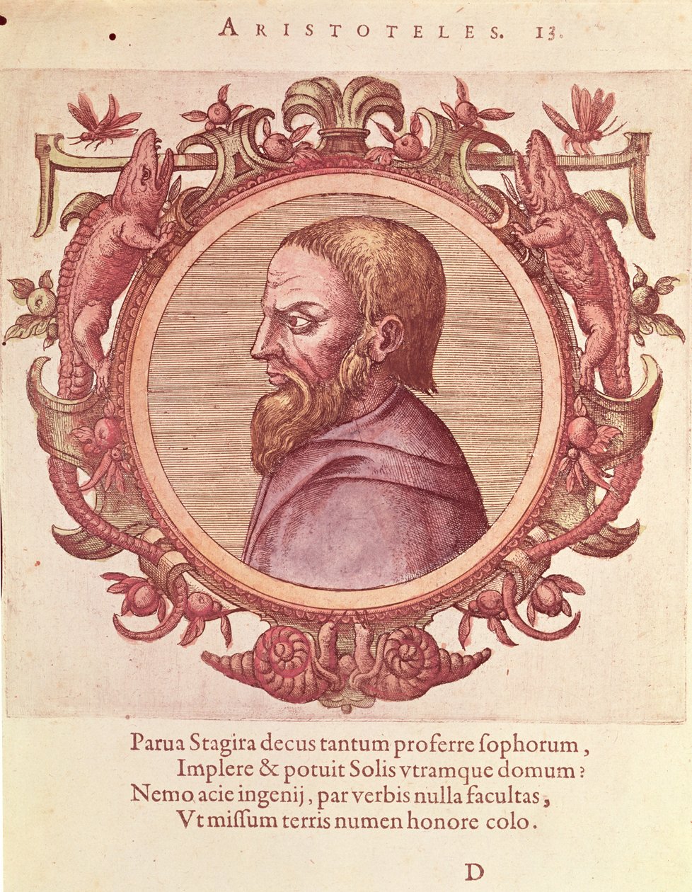 El filósofo Aristóteles (384-322 a.C.), ilustración de Veterum et Recentium Medicorum Philosophorumque Icones de Johannes Sambucus (1531-1584), publicado por Plantin en Amberes 1574 (grabado en color) de Dutch School