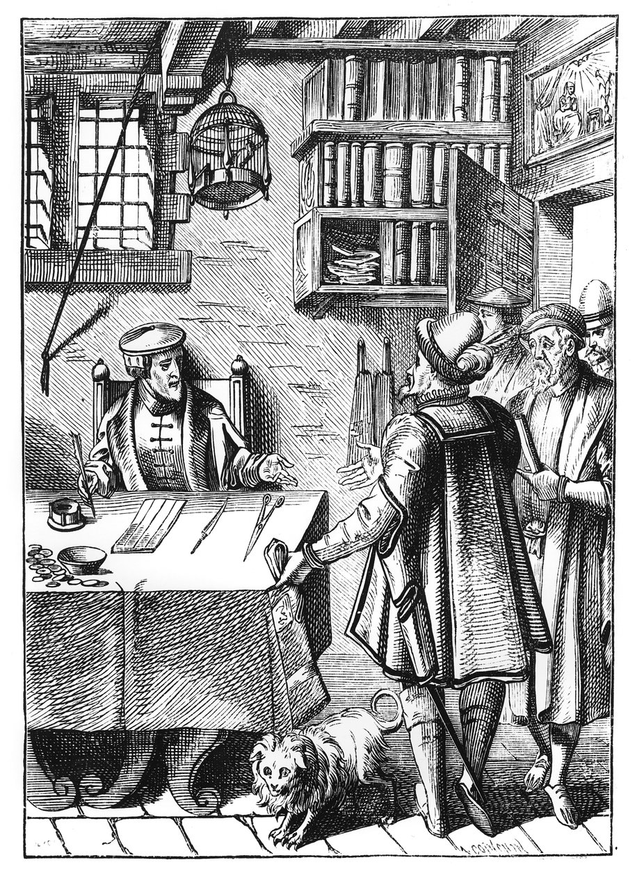 El recaudador de impuestos, después de un grabado en Praxis Rerum Civilium de Joos de Damhouder (1507-81) publicado en Amberes, 1557 de Dutch School