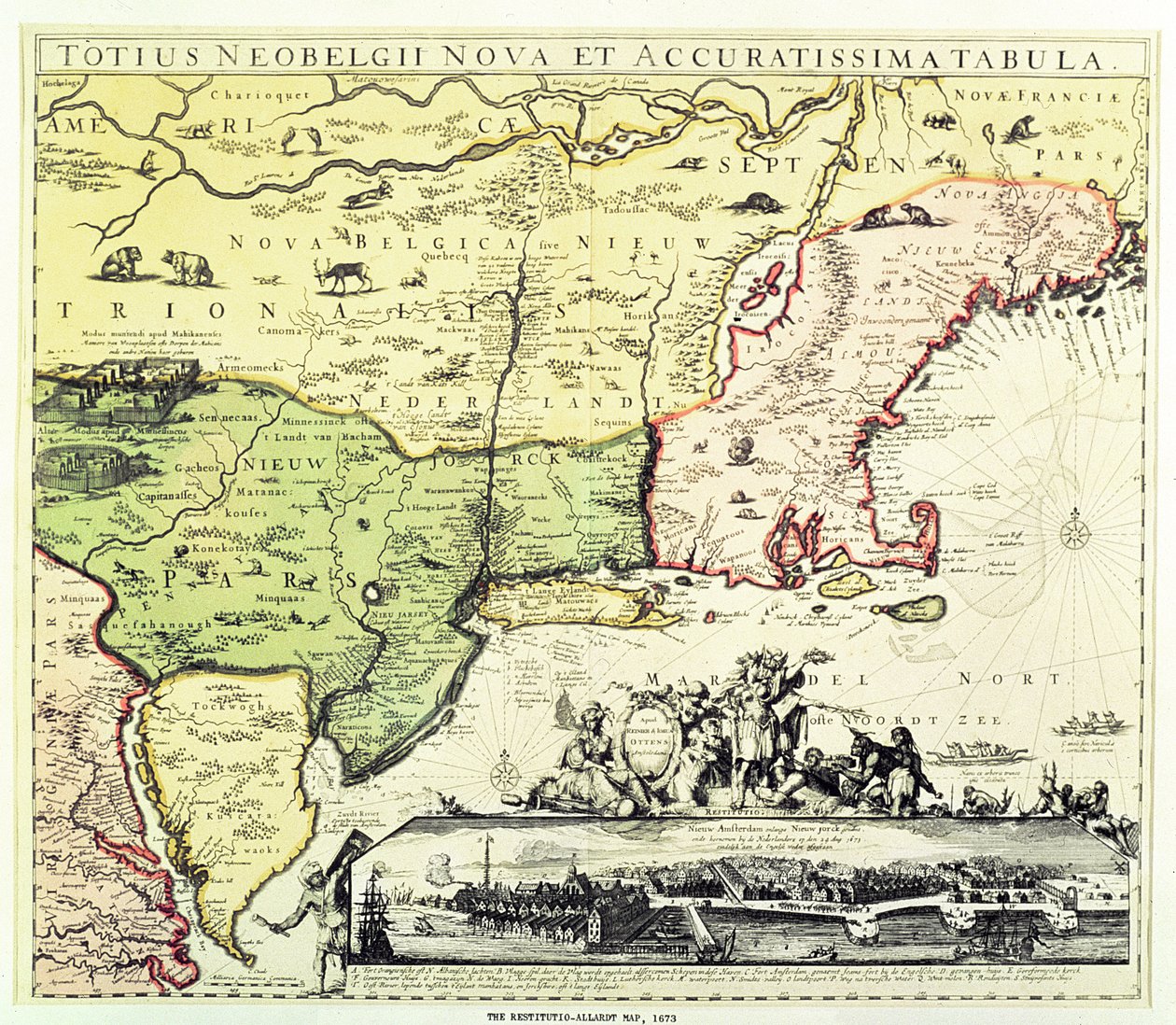 El mapa Restitutio-Allardt de Nueva Ámsterdam, grabado y pub. por Carolus Allardt, 1673 de Dutch School