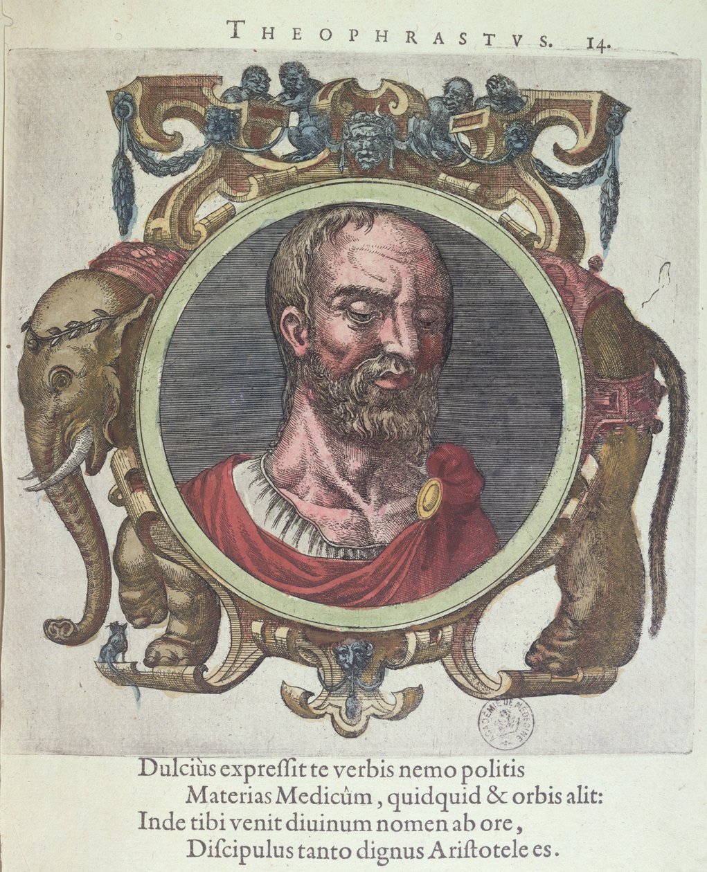 Teofrasto (c.372-287 a.C.), ilustración de Veterum et Recentium Medicorum Philosophorumque Icones de Johannes Sambucus (1531-84), publicado por Plantin en Leyden 1603 (grabado en color) de Dutch School
