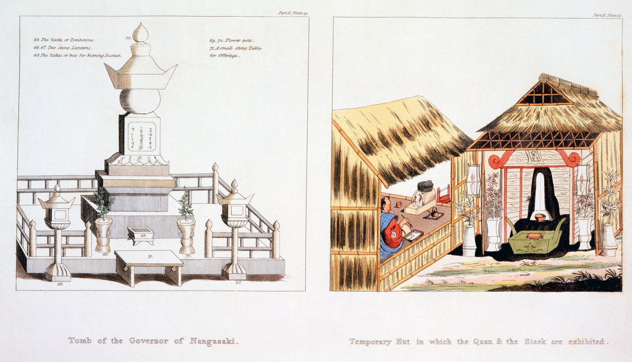 Tumba del Gobernador de Nagasaki y otros artículos funerarios, de Illustrations of Japan por Issac Titsingh, publicado en Londres 1822 de Dutch School