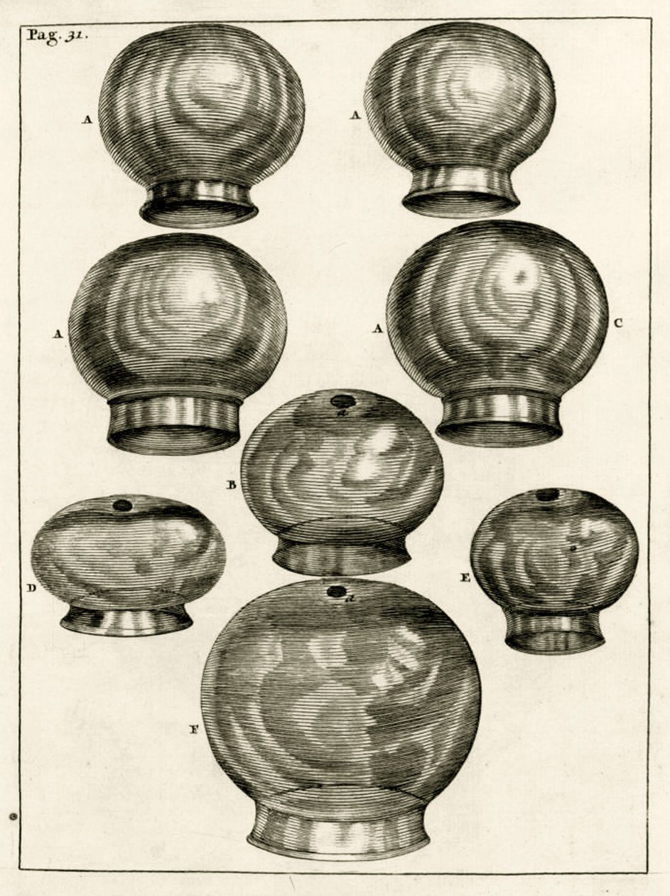 Varios vasos de ventosas, de Exercitationes Practicae circa Medendi Methodum por Frederik Dekkers, 1694 de Dutch School