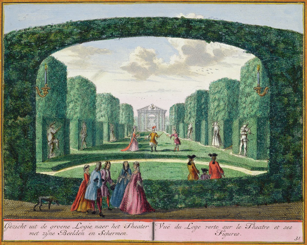 Vista desde la logia verde hacia el teatro, de Het Zeganplant Kennemerlant, por Hendrick de Leth y Matthias Brouerius Van Nidek, publicado c.1700-1730 de Dutch School
