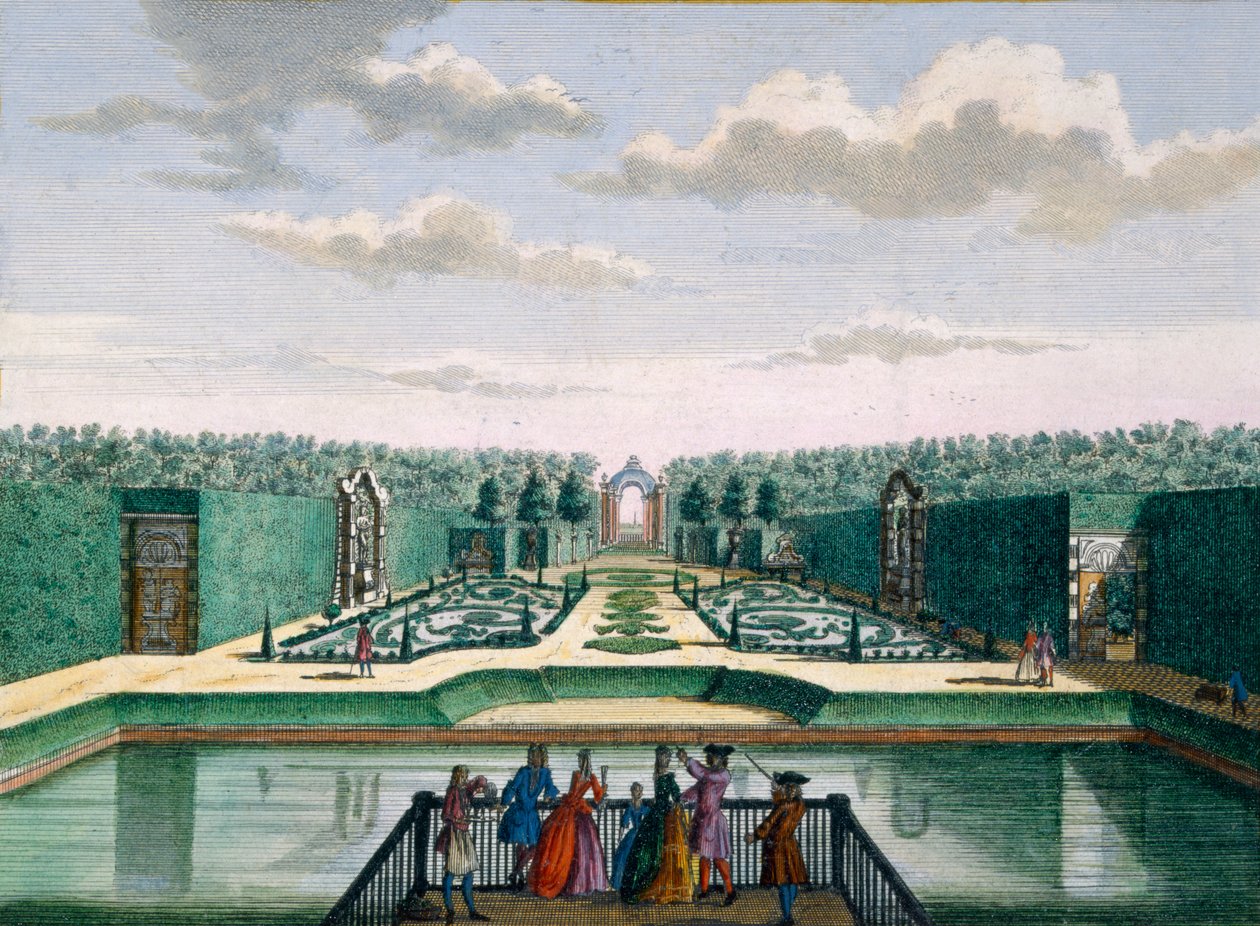 Vista del parterre y el arco triunfal, Meerestein, de Het Zeganpralent Kennemerlant por Hendrick de Leth y Matthias Brouerius Van Nidek, publicado c.1700-1730 de Dutch School