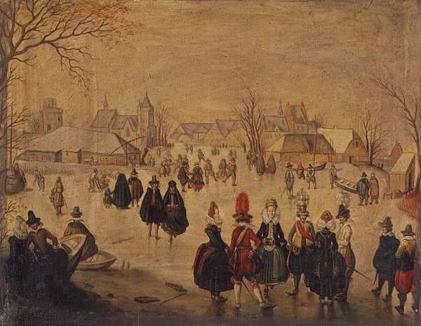 Paisaje de invierno: patinadores elegantes en un lago de Dutch School