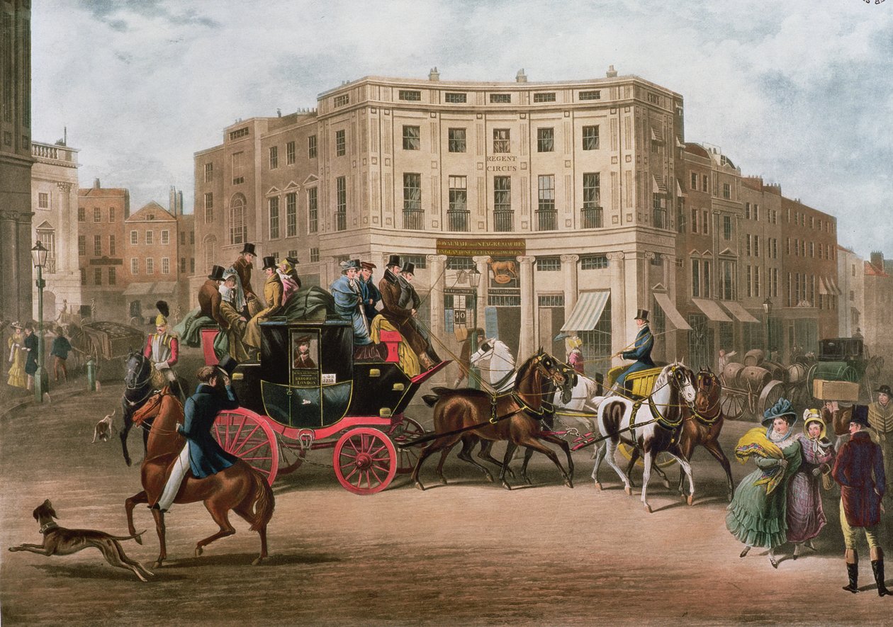 The Age, Brighton Coach en el Bull and Mouth, Regent Circus, Piccadilly, grabado por G.V.C. Hunt, 1829 de E. F. Lambert