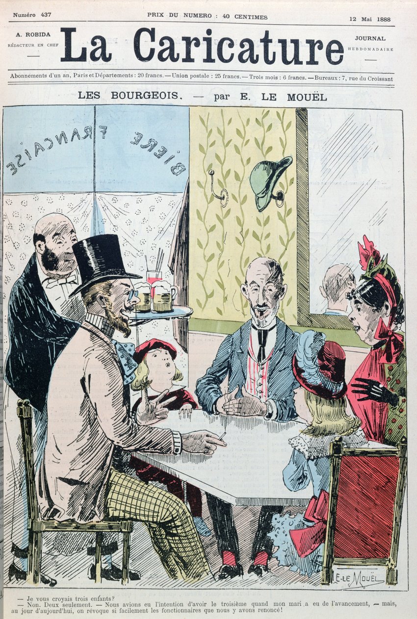 Una pareja burguesa explicando que solo tuvieron dos hijos por razones económicas, de La Caricature, 12 de mayo de 1888 de E. Le Mouel