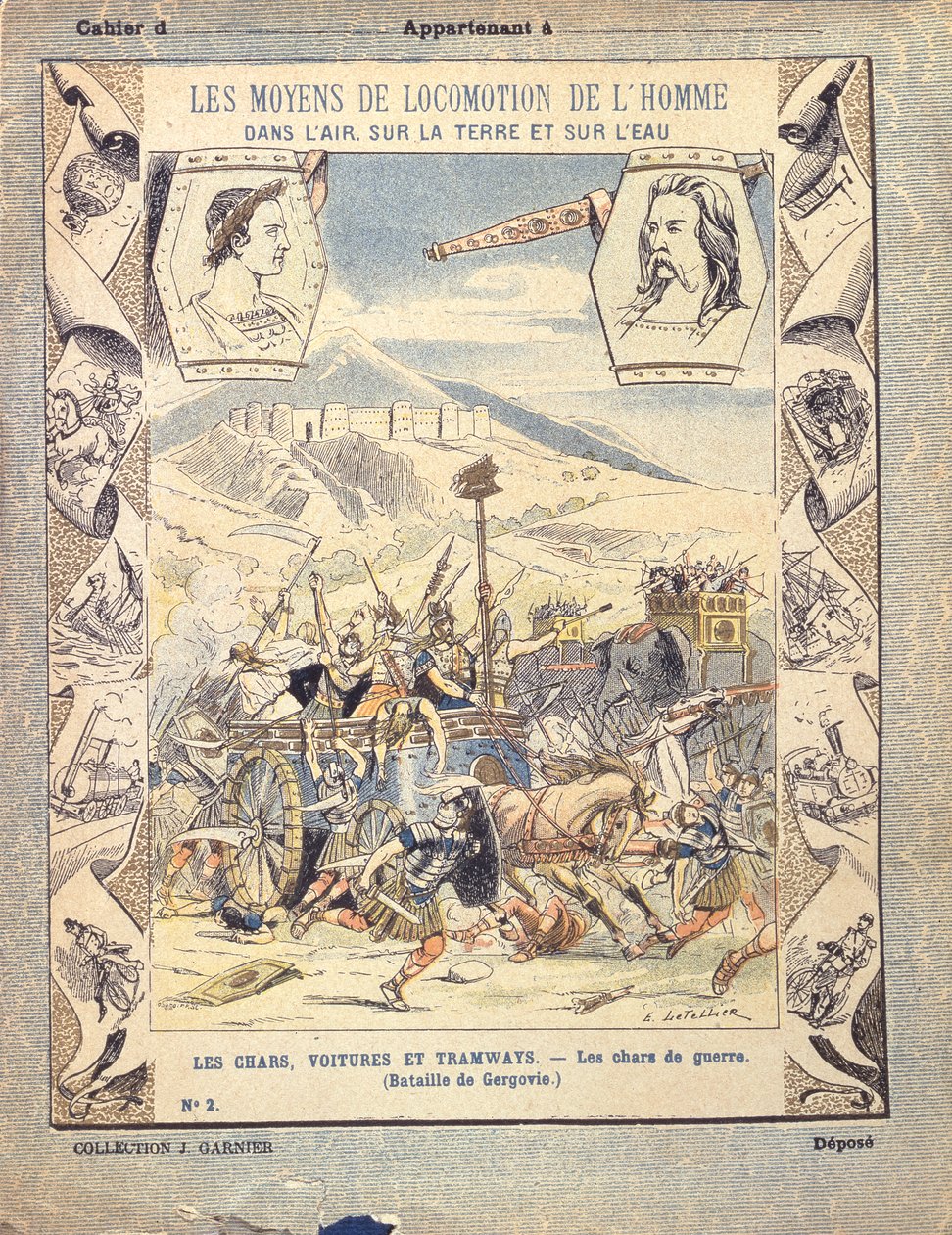Carros de guerra galos en la Batalla de Gergovia, de una funda protectora para libros escolares, finales del siglo XIX de E. Letellier