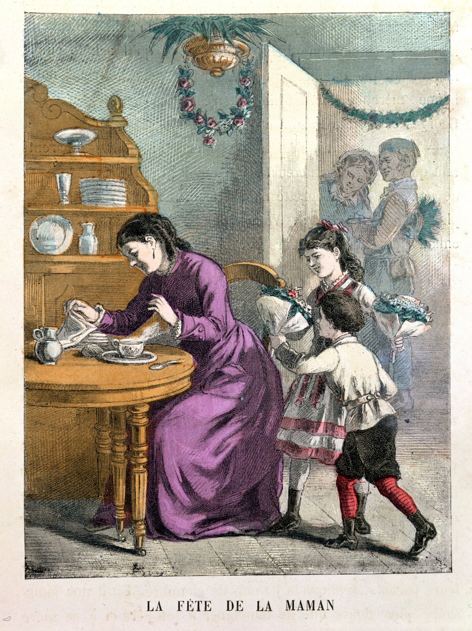 La Fiesta de la Mamá, ilustración de Beaux Jours et Fetes des Petits Enfants por A. des Tilleuls, finales del siglo XIX de E. Morel