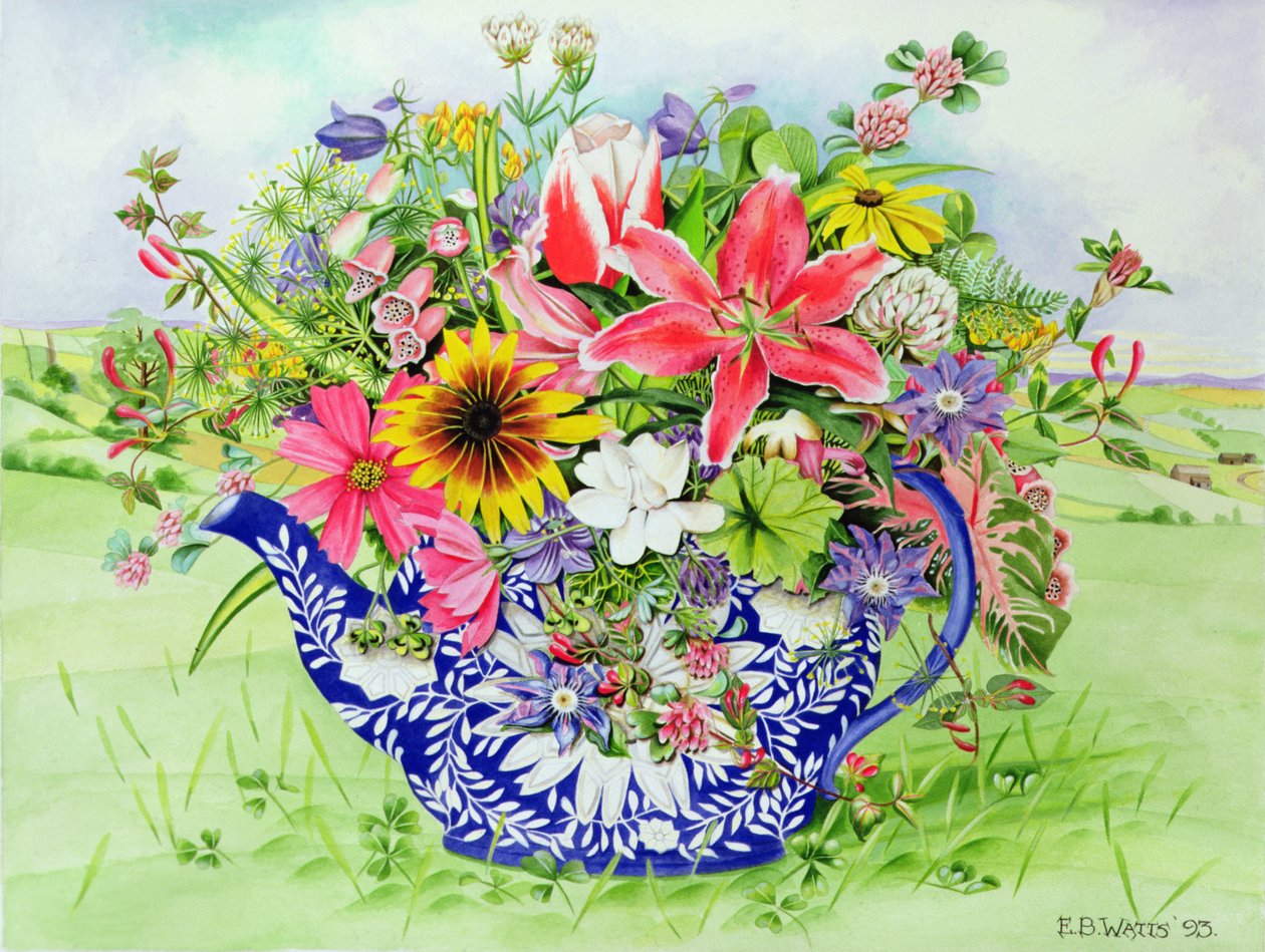 Tetera azul y blanca con lirio de E.B. Watts