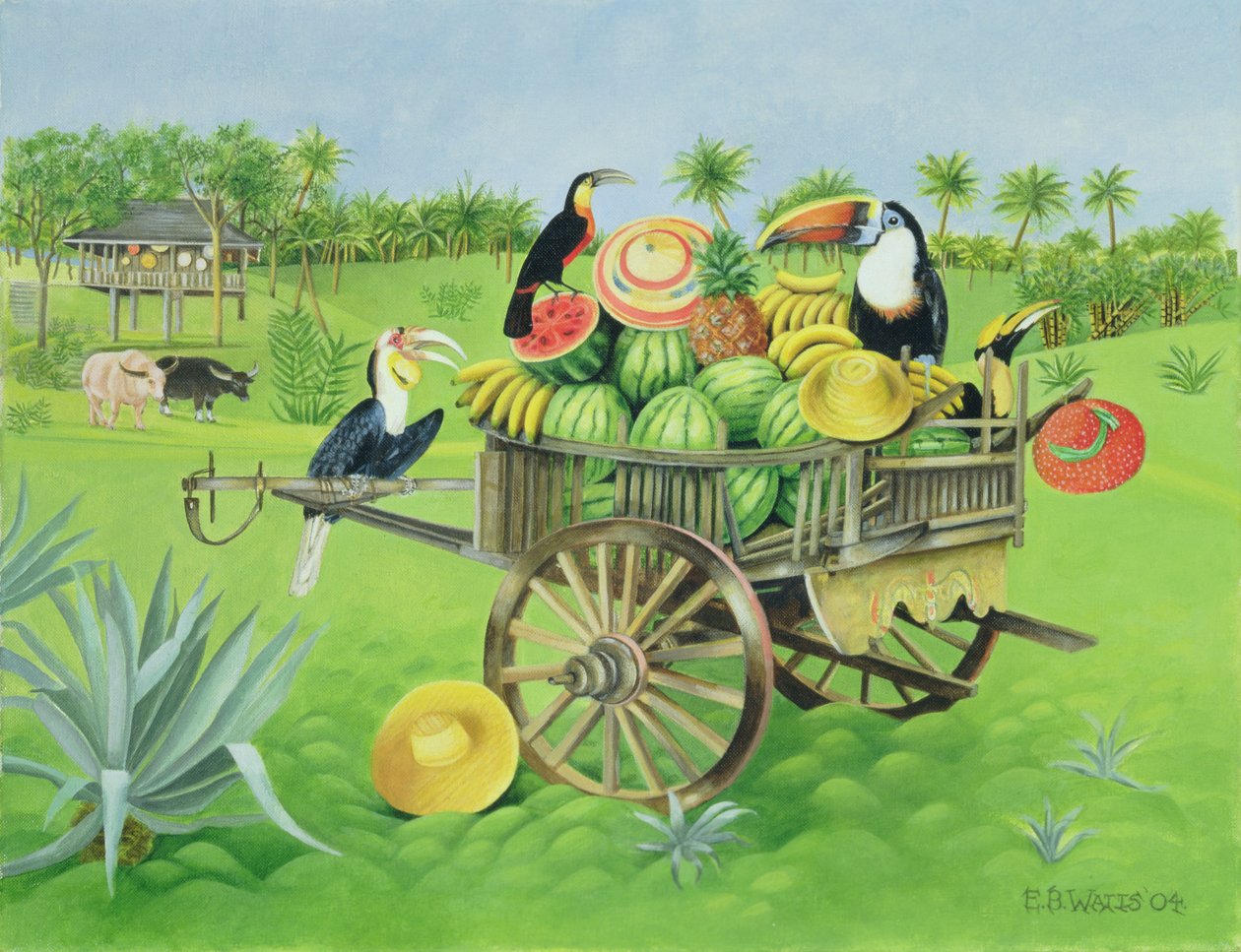Tucanes y sandías en un carro tailandés antiguo, 2004 de E.B. Watts