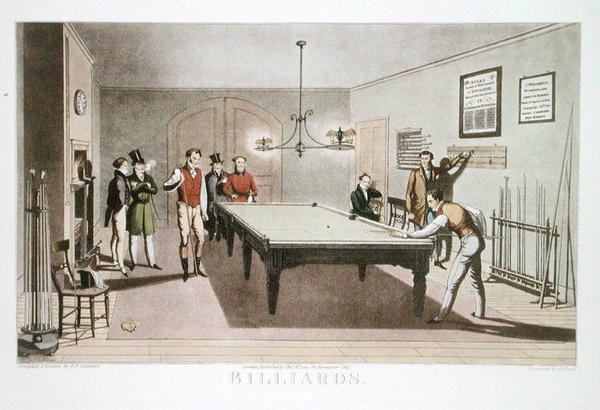 Billar, grabado por G. Hunt, publicado en 1827 de E.F. (after) Lambert