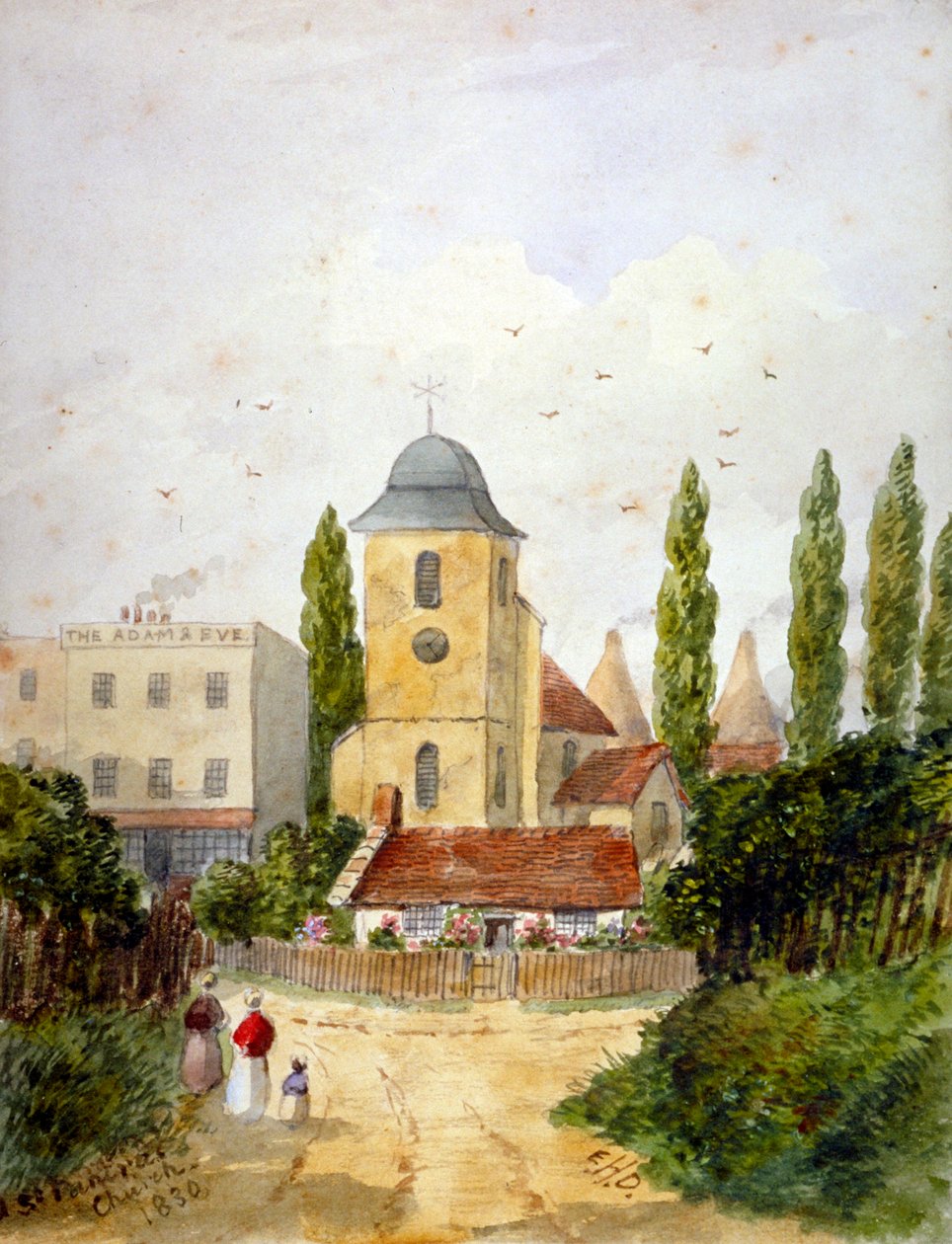 Iglesia Vieja de St Pancras y la Taberna Adam and Eve, Londres, 1830 de EH Dixon