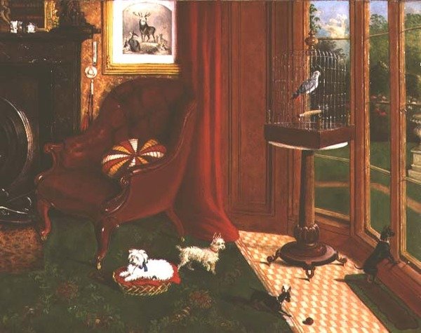 Interior con terriers y un loro en una jaula de E.M. Fox