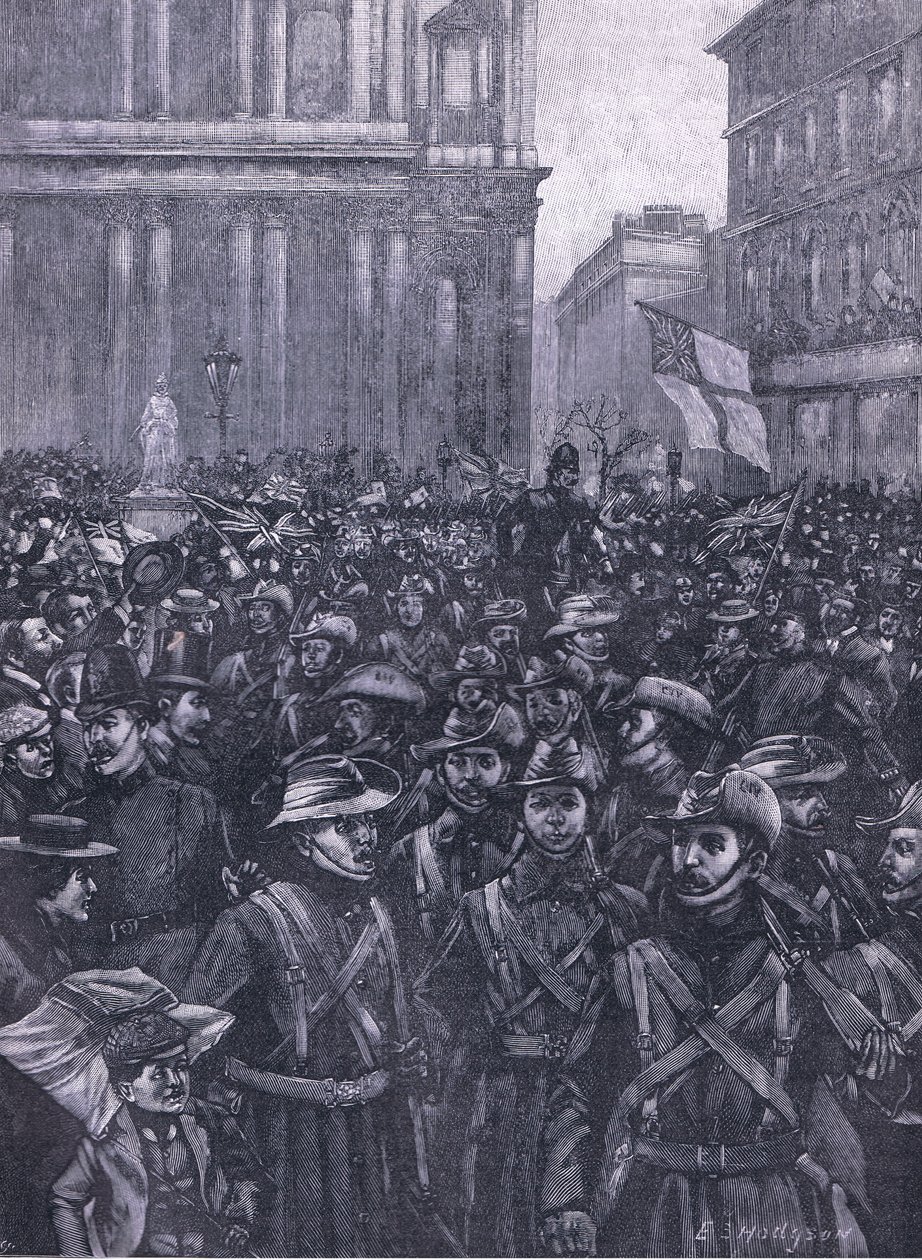 Los CIV marchando por Ludgate Hill, en camino a la Mansion House hacia la estación de Waterloo, ilustración de la Historia de Inglaterra de Cassell, 1900s de E.S. Hodgson