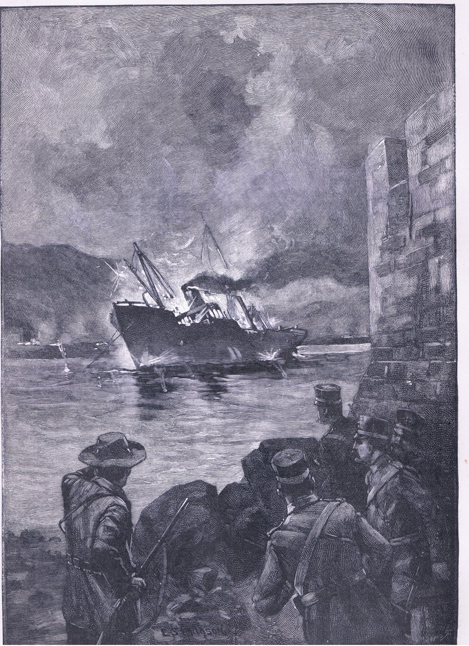 La guerra hispanoamericana: El hundimiento del Merrimac, ilustración de la Historia de Inglaterra de Cassell, 1900s de E.S. Hodgson