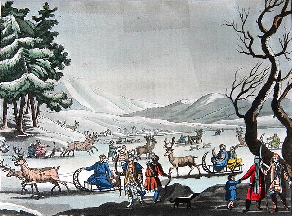 Tungus dejando su campamento de invierno en trineos tirados por renos, c.1820 de E. (after) Karnejeff