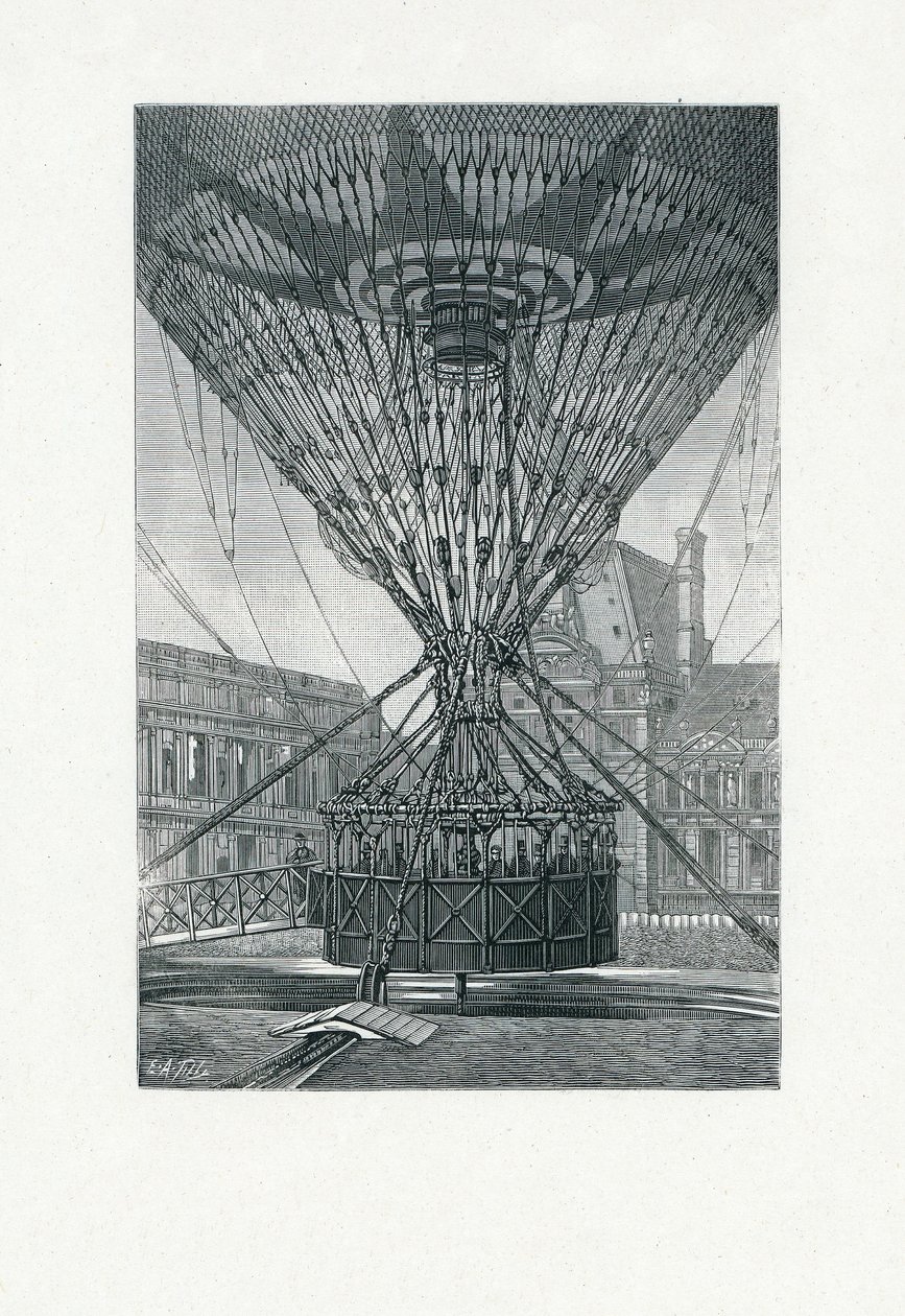 Plataforma de observación panorámica usando un globo aerostático, pub. c.1880 de E. A. Tilly