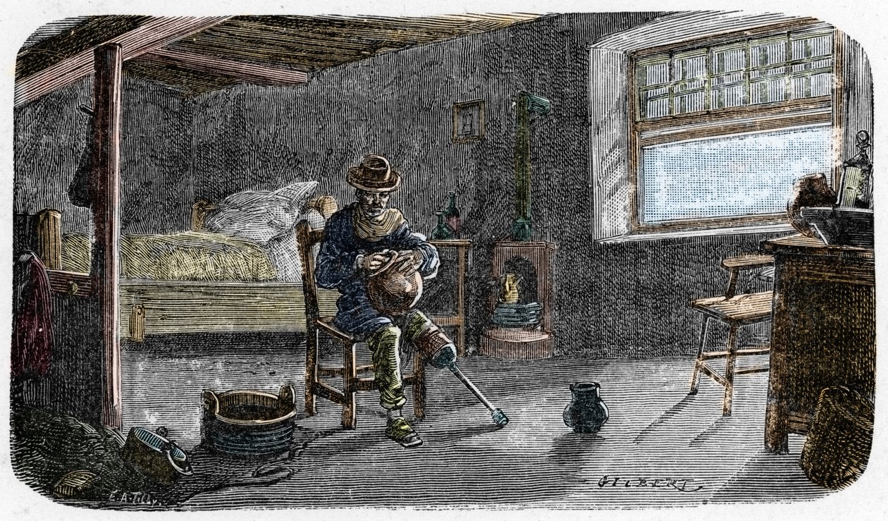 Retrato del joven Josiah Wedgwood con una rodilla permanentemente debilitada por una pequeña caja aprendiendo a ser alfarero. de E. A. Tilly