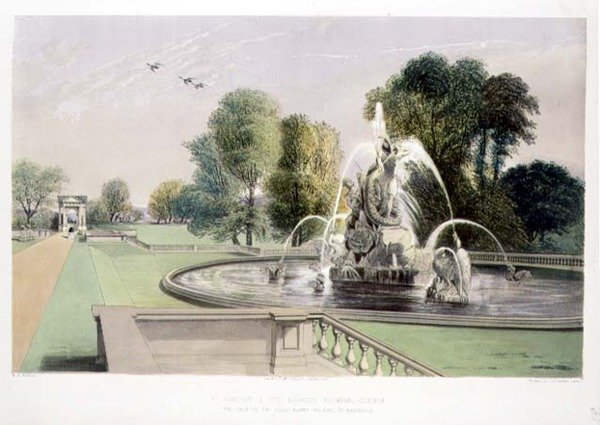 Fuente de San Jorge y el Dragón, Holkham, pub. por Thomas McLean de E. Adveno Brooke