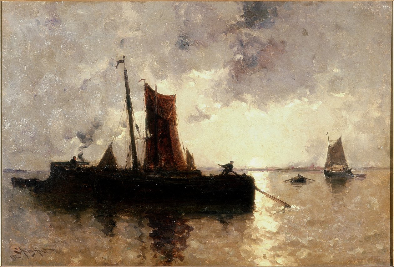 Escena fluvial con barcos de E. Aubrey Hunt