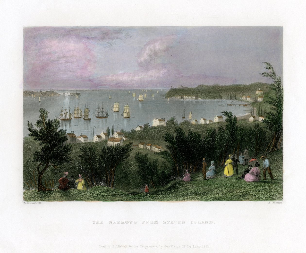 The Narrows visto desde Staten Island, Nueva York, EE.UU., 1837 de E. Finden