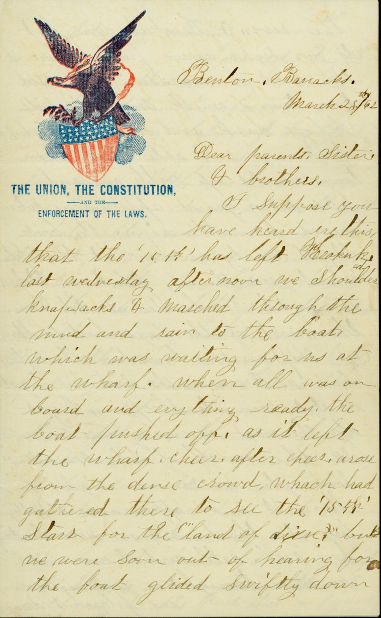 Carta firmada E.G. Black, Benton Barracks, Mo., a sus padres, hermana y hermanos, 28 de marzo de 1862 de E. G. Black