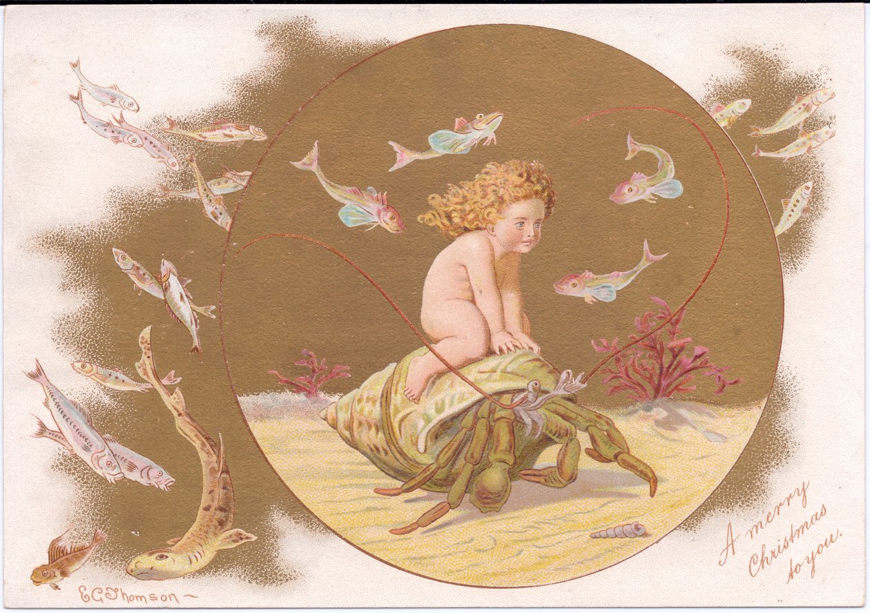 Tarjeta navideña victoriana de un cangrejo ermitaño en una concha montado por un bebé de agua rodeado por un banco de peces, por Gertude Thompson, c.1895 (litografía en color) de E. Gertrude Thompson