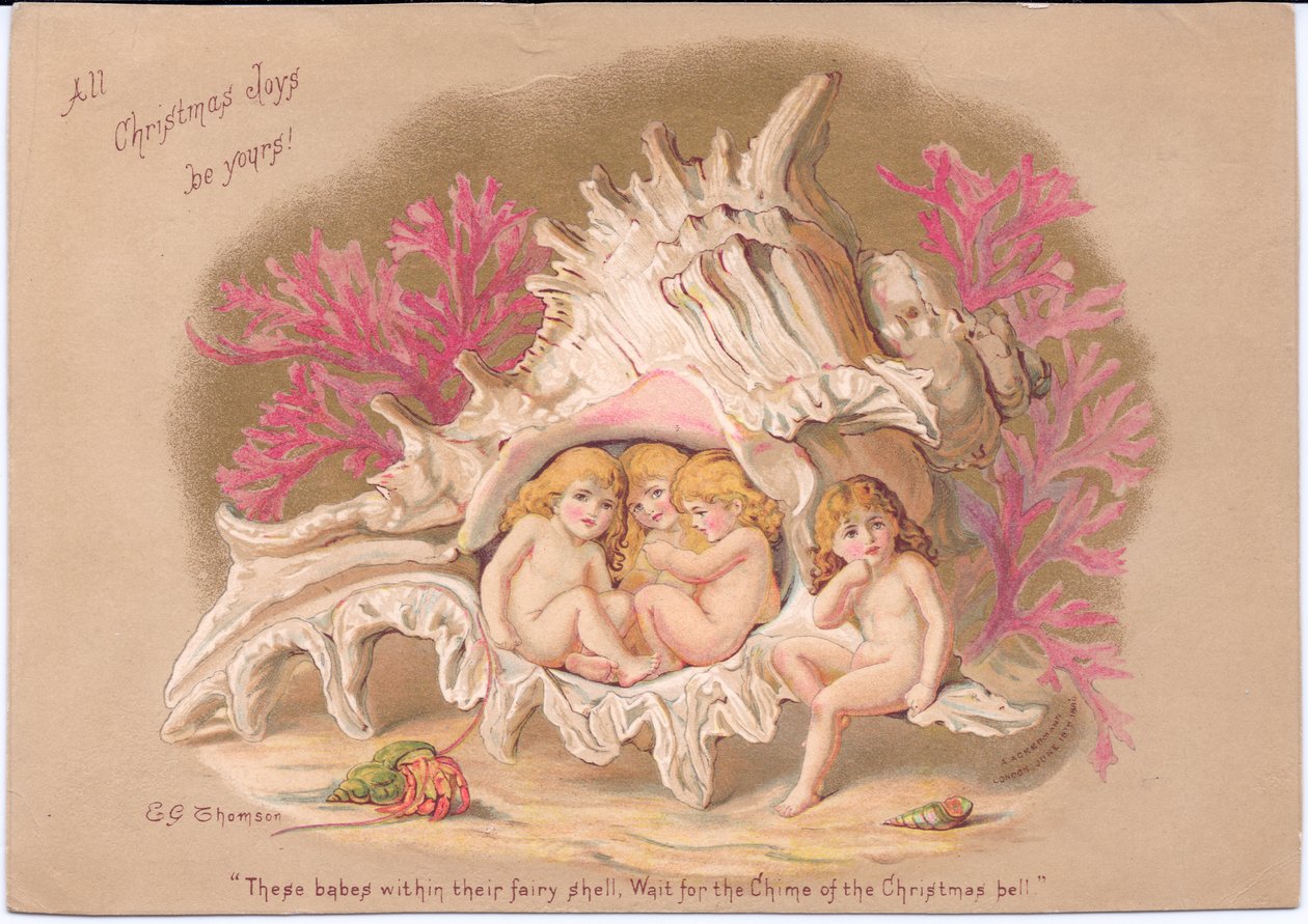 Tarjeta navideña victoriana de cuatro bebés de agua sentados dentro de una concha de mar Murex Ramrose, sobre un fondo de coral y un ermitaño metido en su refugio, por Gertude Thompson, c.1895 (litografía en color) de E. Gertrude Thompson