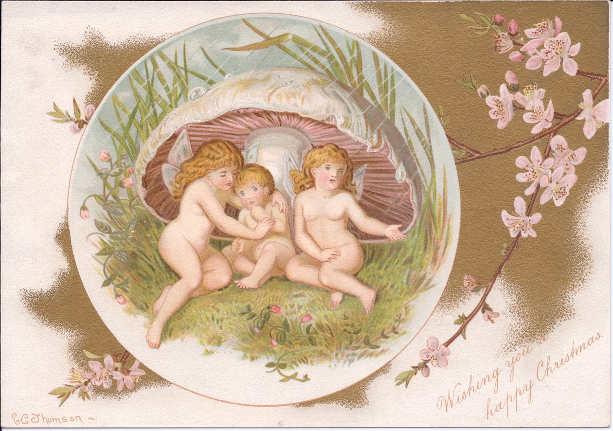 Una Navidad victoriana de un grupo de hadas resguardándose de la lluvia bajo una seta, por Gertrude Thompson, c.1895 (litografía en color) de E. Gertrude Thompson