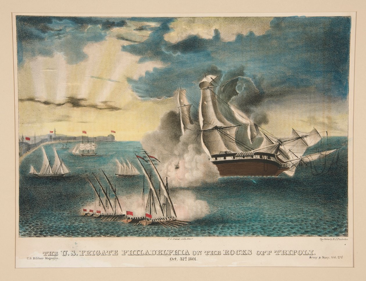 La fragata de EE. UU. Filadelfia en las rocas frente a Trípoli (de la revista militar de EE. UU. Army and Navy, Vol. II) de E. J. Pinkerton