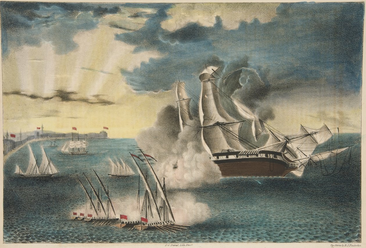 La fragata estadounidense Philadelphia en las rocas frente a Trípoli, de Army and Navy Magazine, pub. 1840 de E. J. Pinkerton