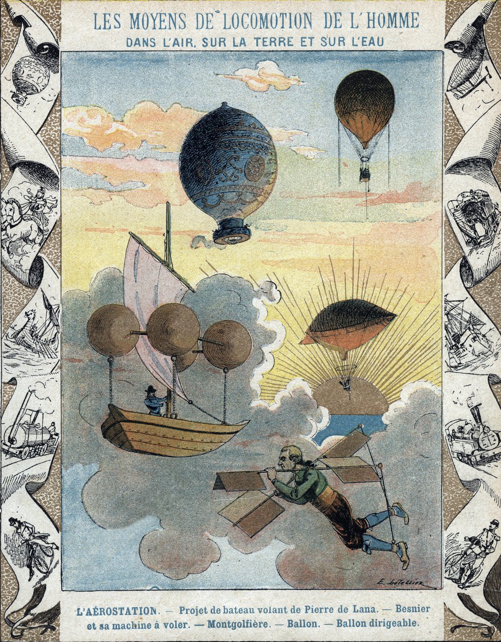 Aerostación - Proyecto de barco volador de Pierre de Lana - Aeronave voladora de Besnier (1678) - Globo - Globo - Globo dirigible - ilustración de E Letellier - Proteger cuaderno histórico, finales del siglo XIX de E. Letellier