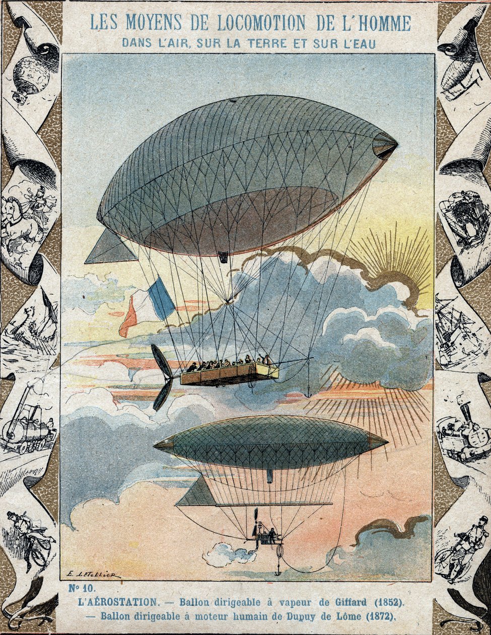 Dirigible inventado por Henri Giffard en 1852 y Dirigible navegable inventado por Dupuy de Lome en 1872 - De una funda protectora para libros escolares, finales del siglo XIX - Dirigible por Henry Giffard (1825 - 1882) 1852 y el globo cautivo por Henri Dup de E. Letellier