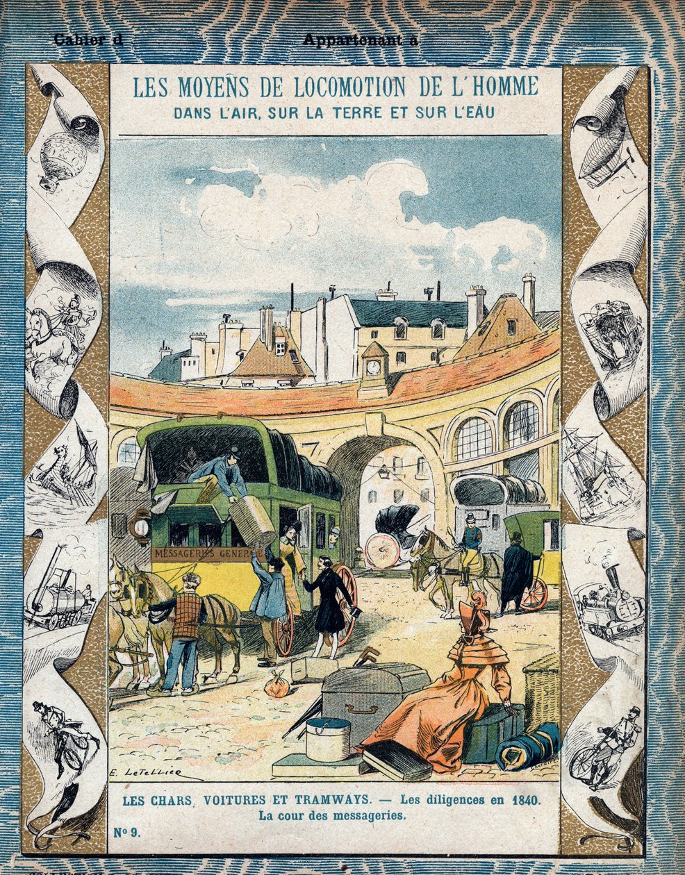 Diligencia en 1840 - la cour des messageries - Diligencia en 1840 - De una funda protectora para libros escolares, finales del siglo XIX - ilustración de E. Letellier - Protege cuaderno histórico, finales del siglo XIX de E. Letellier