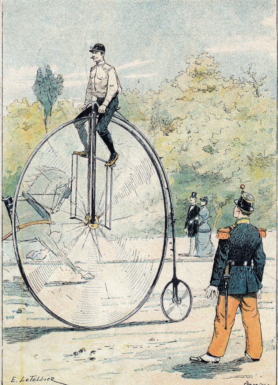 Grand bi con diámetro de rueda delantera superior a 1.50 m - De una funda protectora para libros escolares, finales del siglo XIX - ilustración de E. Letellier - Cuaderno protegido histórico, finales del siglo XIX de E. Letellier