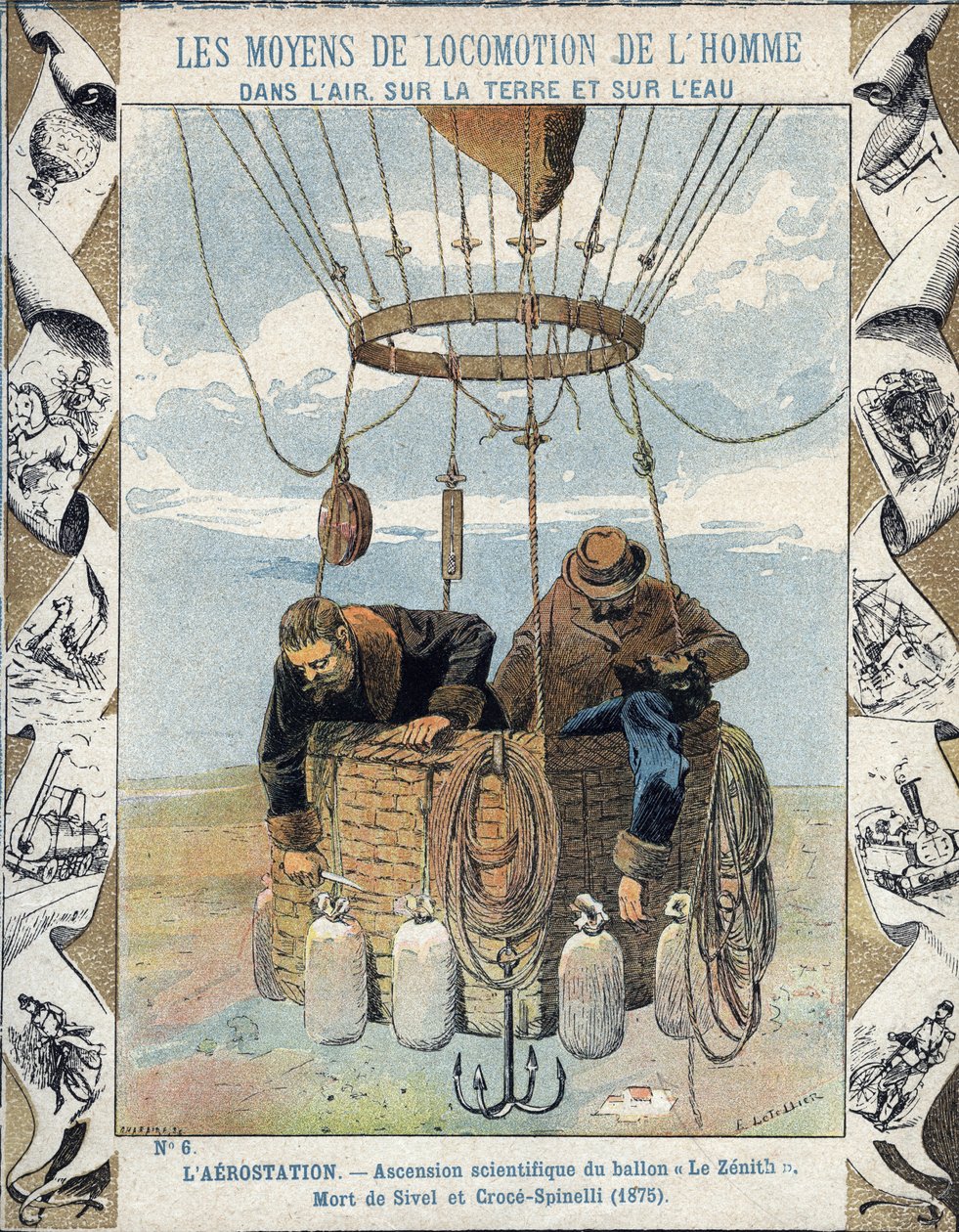 El periodista Joseph Eustache Croce Spinelli (1845-1875), el oficial naval Henri Théodore Sivel (1834-1875), y el autor y científico francés Gaston Tissandier (1843-1899) en la cesta del globo Zenith después de perder el conocimiento por falta de oxígeno de E. Letellier